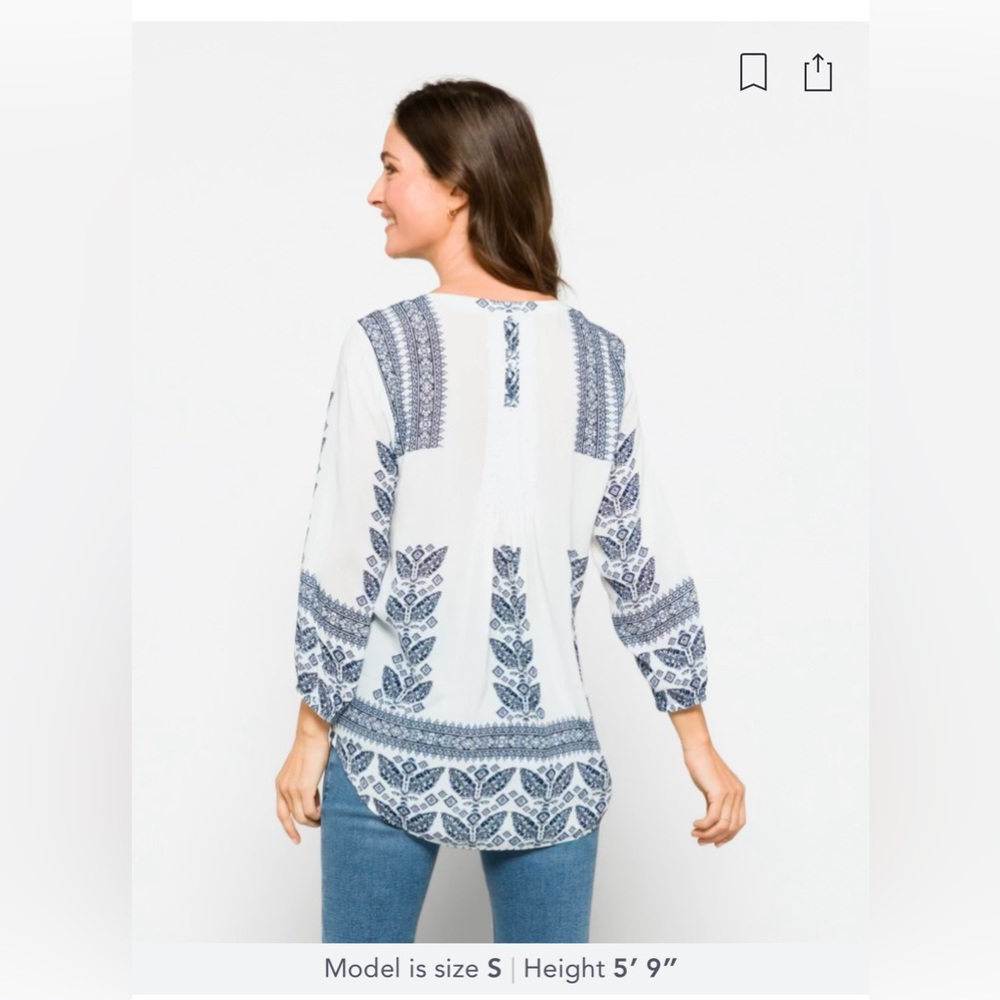 NWT | Daniel Rainn | Amely Boho Split Neck Top | White/Navy | Medium - Picture 8 of 10